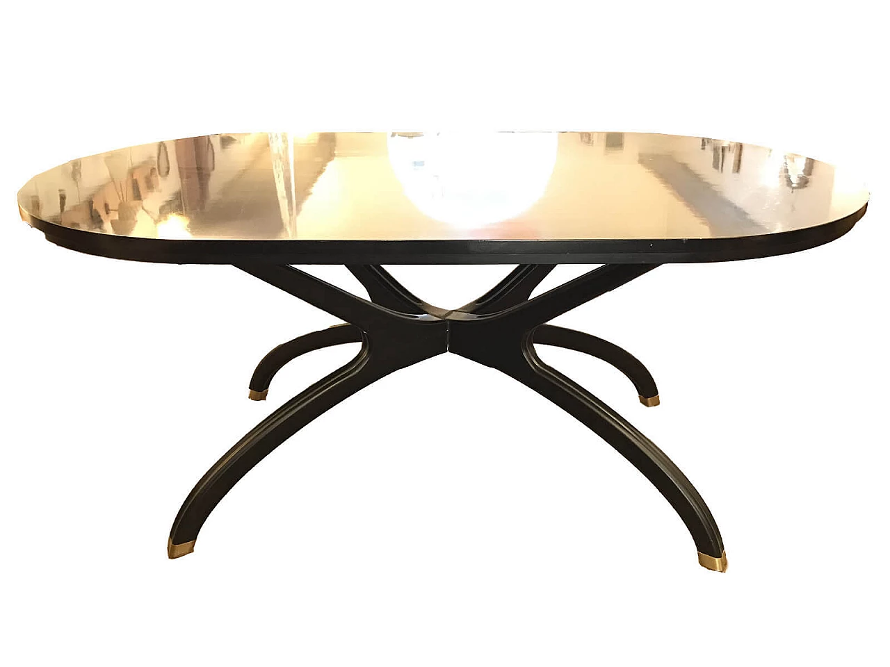 Tavolo laccato nero con dettagli in ottone, anni ‘50 1