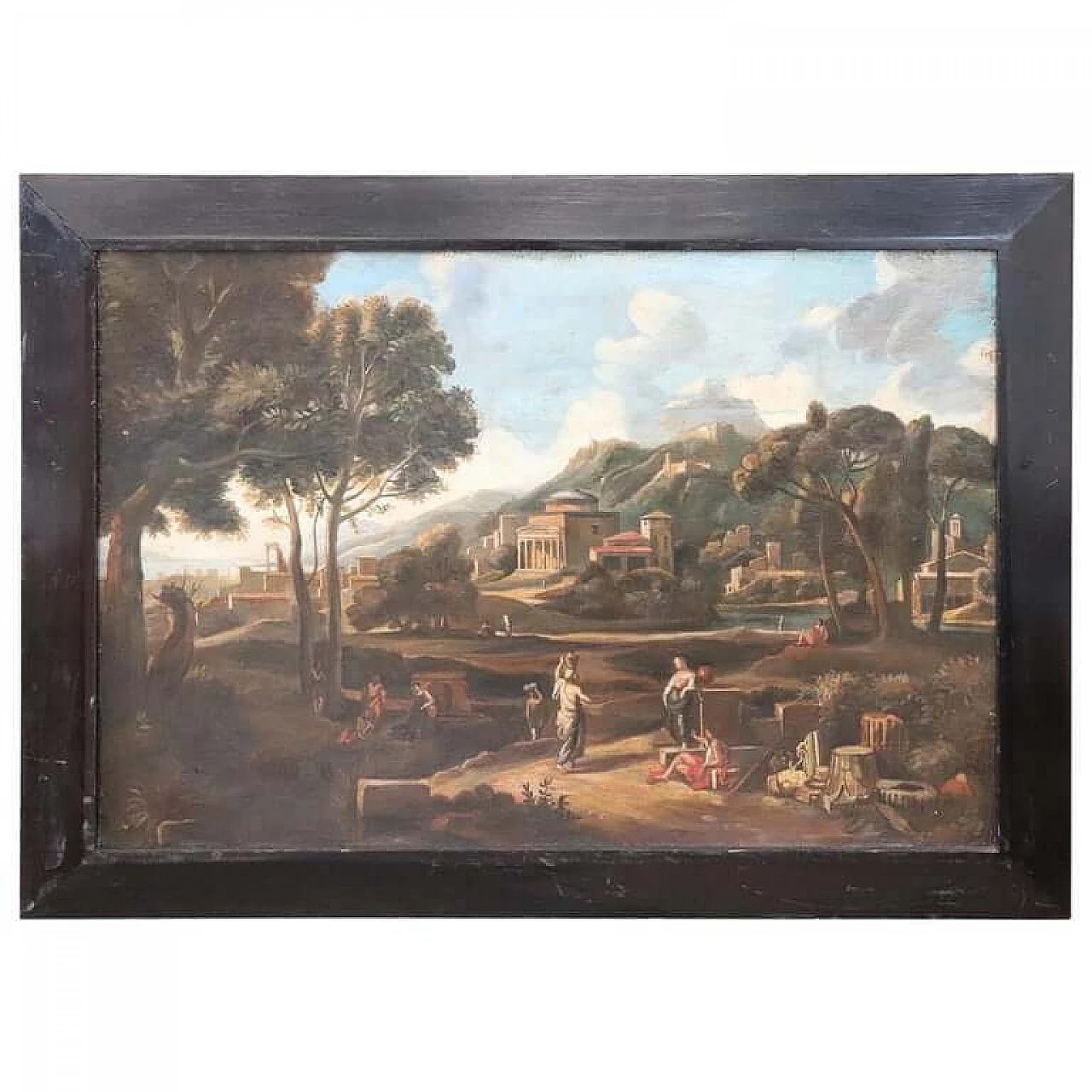 Dipinto antico olio su tela paesaggio con figure, '700 1064065