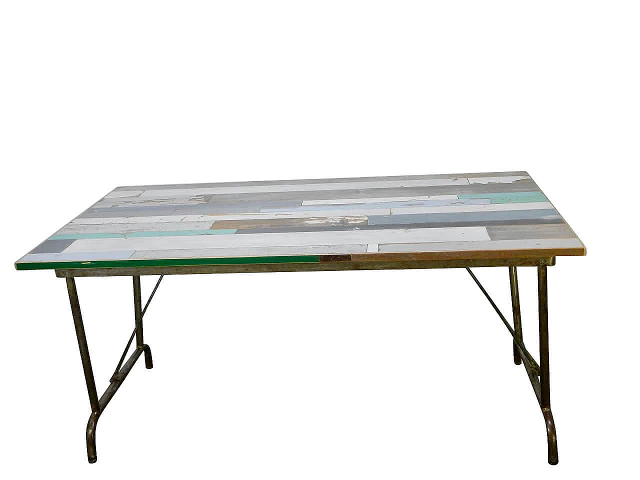 table with patina wood patchwoork top and folding tube legs 1064308