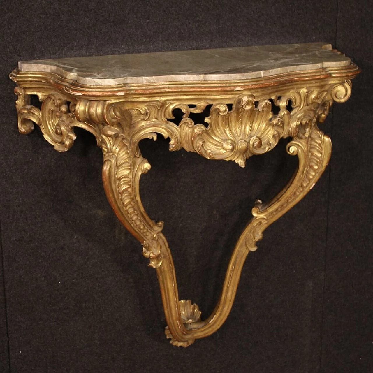 Console francese in legno dorato con piano in marmo stile Luigi XV 1064637
