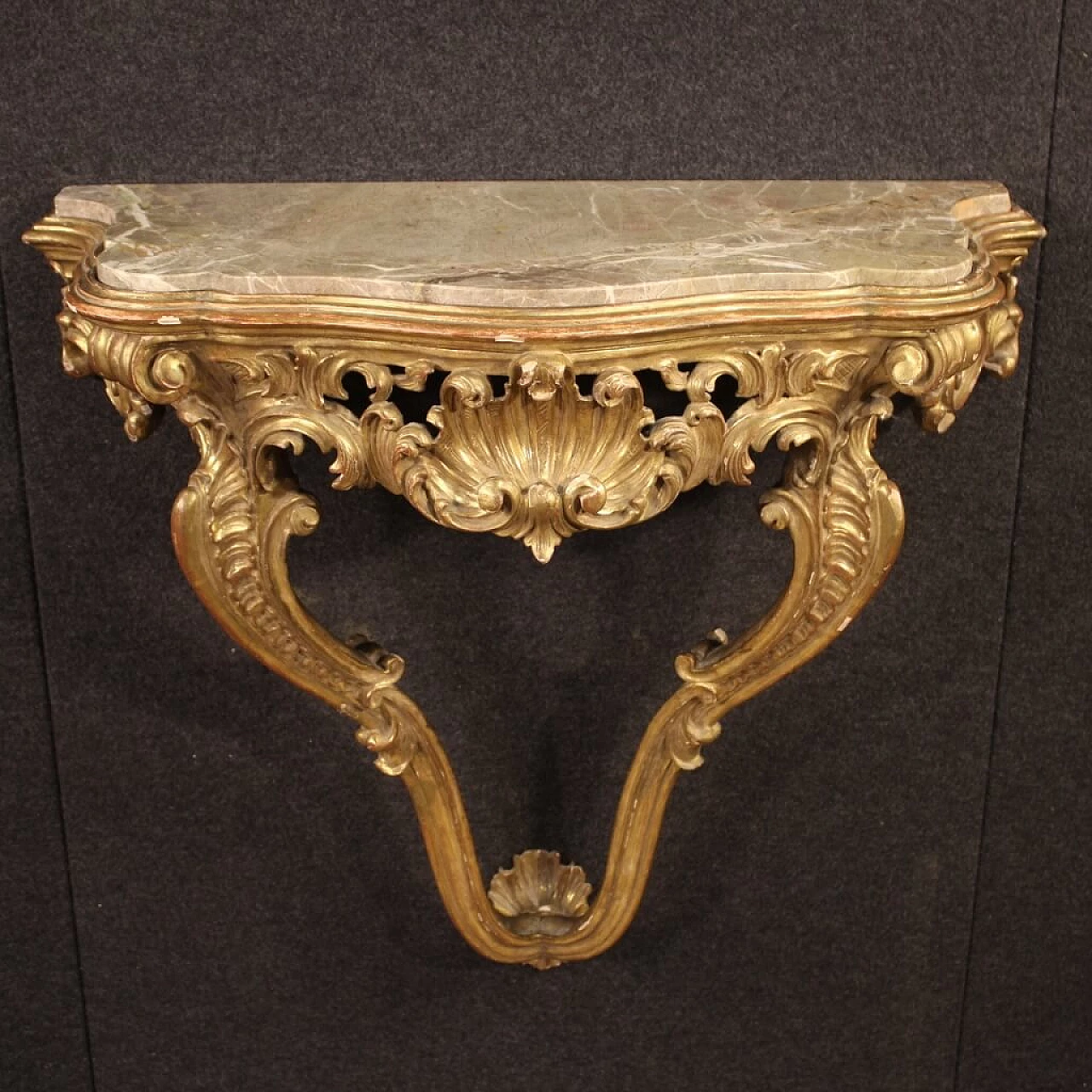 Console francese in legno dorato con piano in marmo stile Luigi XV 1064644