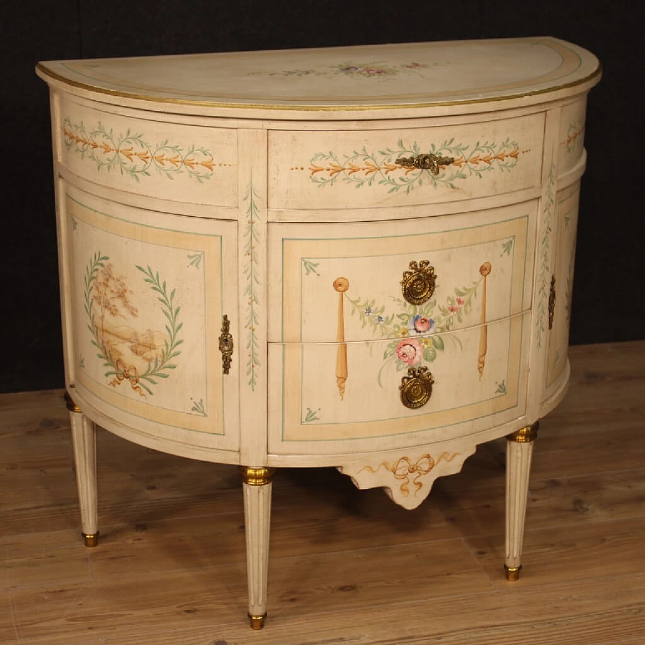 Lacquered, gilded and painted French crescent chest of drawers 1064661