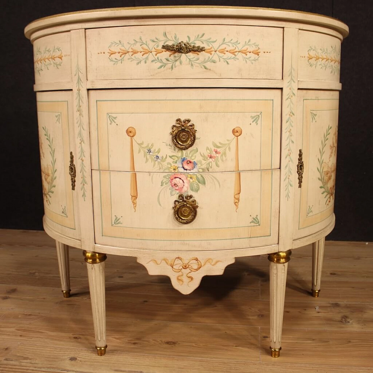 Lacquered, gilded and painted French crescent chest of drawers 1064664