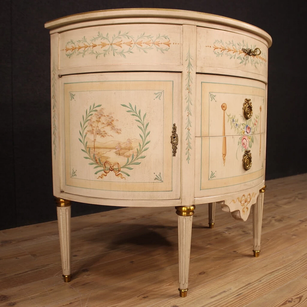 Lacquered, gilded and painted French crescent chest of drawers 1064666