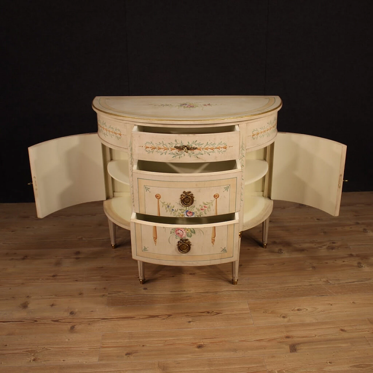 Lacquered, gilded and painted French crescent chest of drawers 1064673