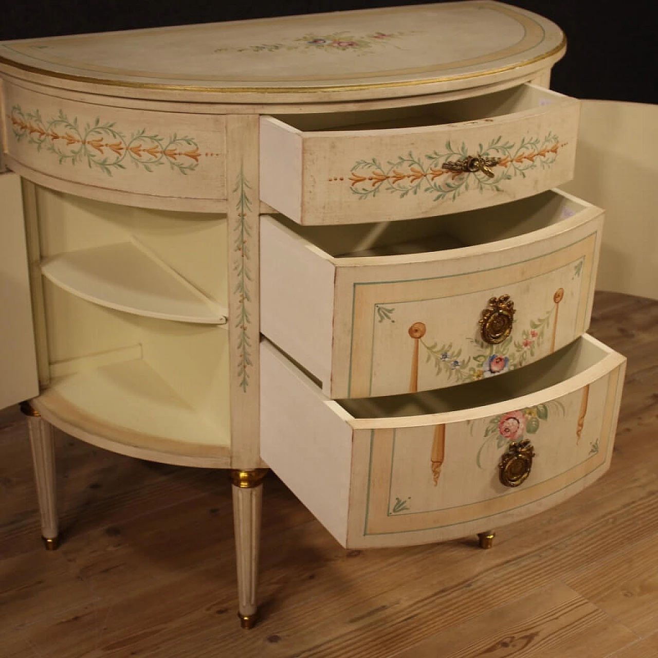 Lacquered, gilded and painted French crescent chest of drawers 1064674