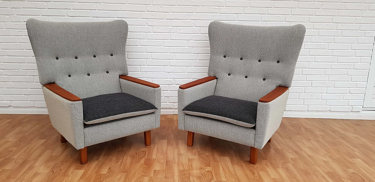 Danish retro loungechairs, teak wood, wool, 70s, completely restored 1064852