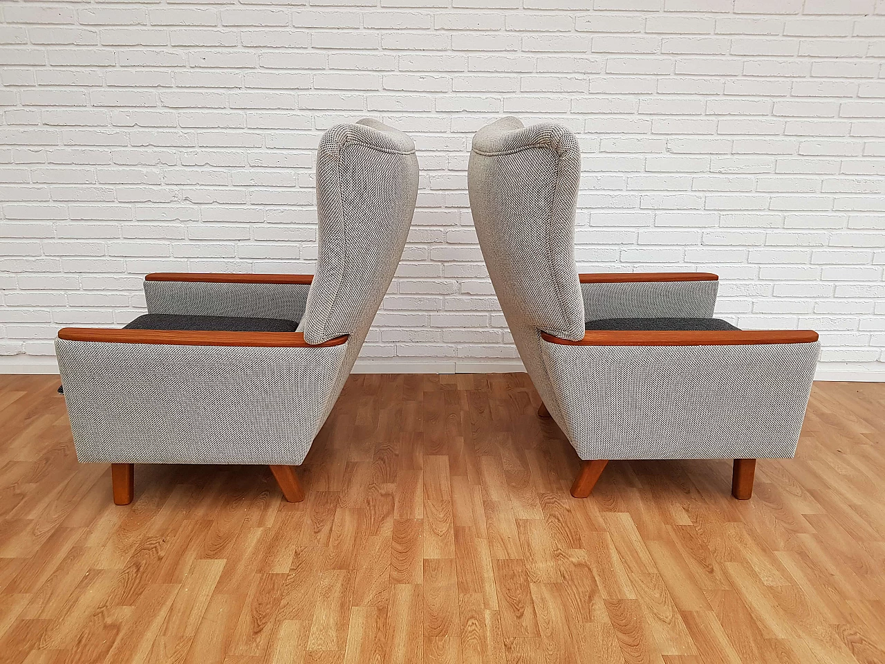 Danish retro loungechairs, teak wood, wool, 70s, completely restored 1064858