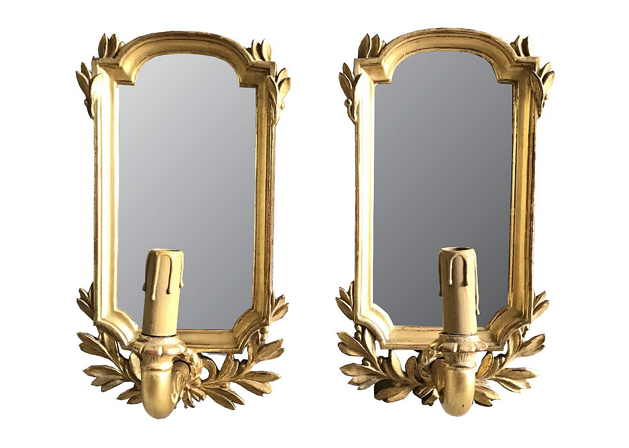 Pair of mirror wall lamps with golden frame, Italy, early 20th century 1