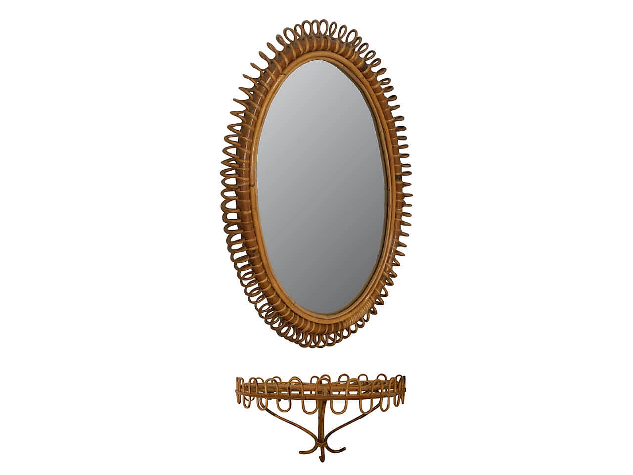 Specchio con mensola in vimini, manifattura Italiana, anni '50 1064935