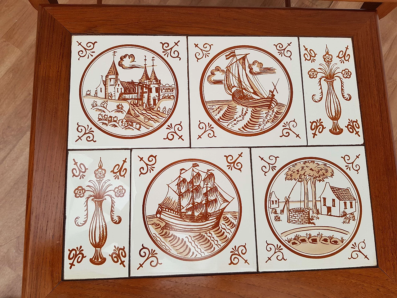 Nesting table, 60s, danish design, hand-painted ceramic tiles, teak wood 1064951