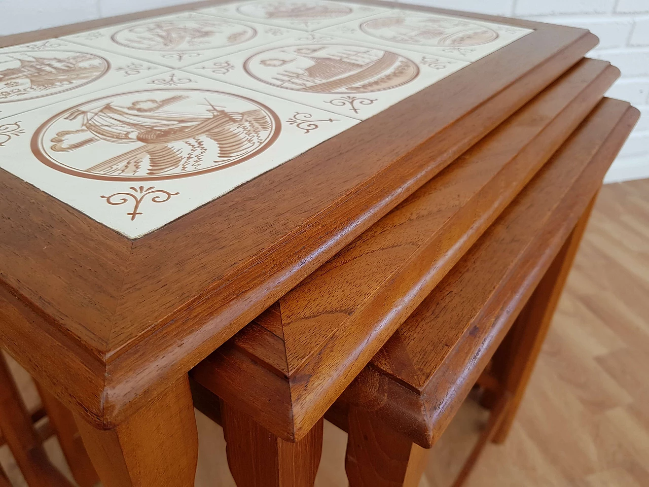 Nesting table, 60s, danish design, hand-painted ceramic tiles, teak wood 1064955
