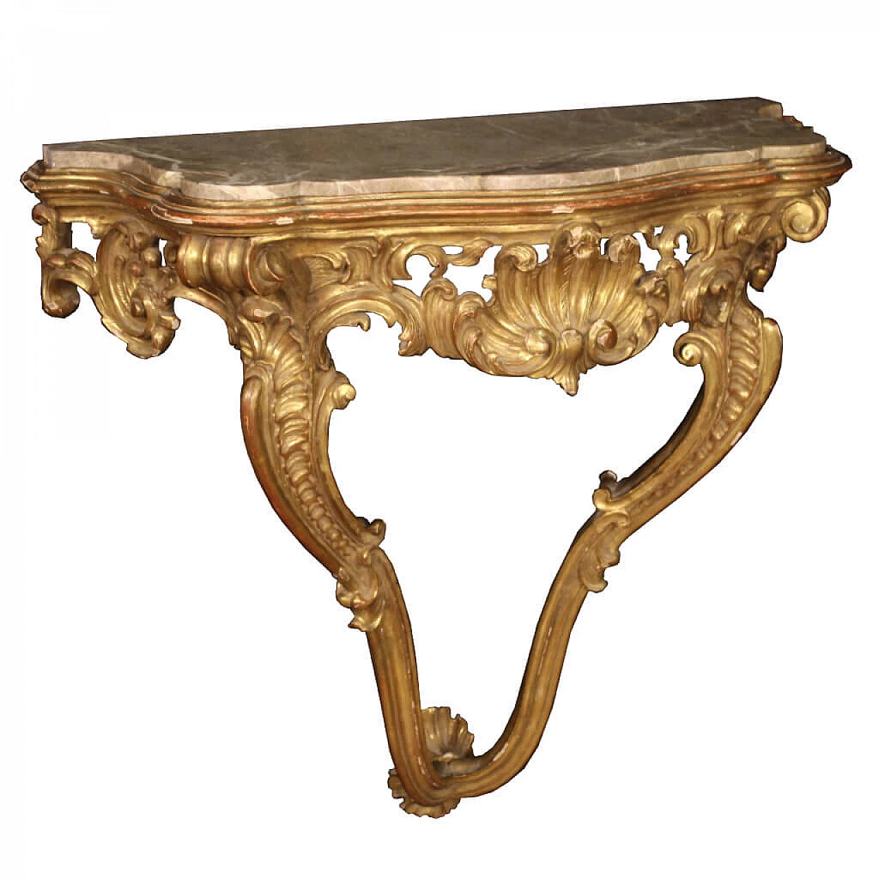 Console francese in legno dorato con piano in marmo stile Luigi XV 1065212