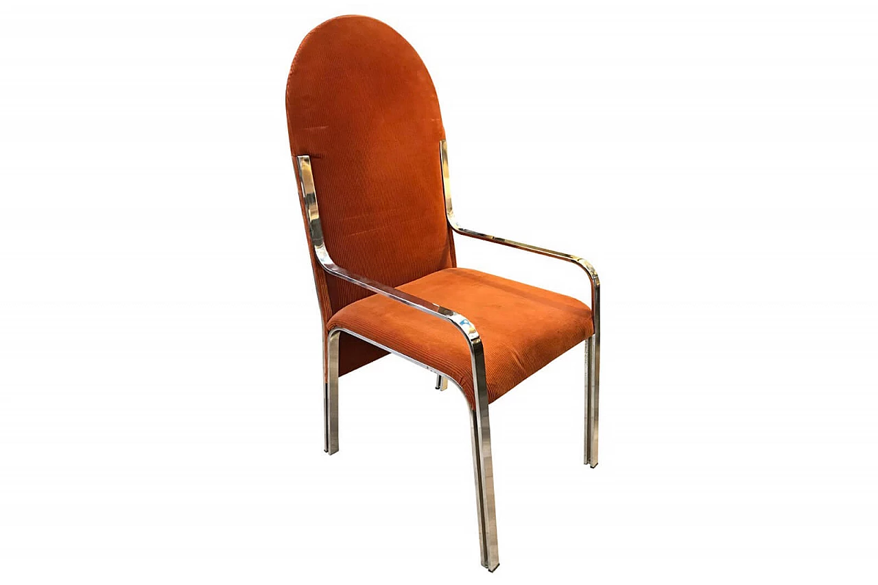 Chromed orange ribbed velvet armchair, 70's 1065278