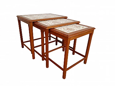 Nesting table, 60s, danish design, hand-painted ceramic tiles, teak wood