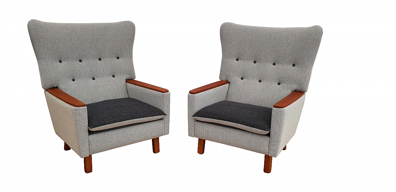 Danish retro loungechairs, teak wood, wool, 70s, completely restored 1065332