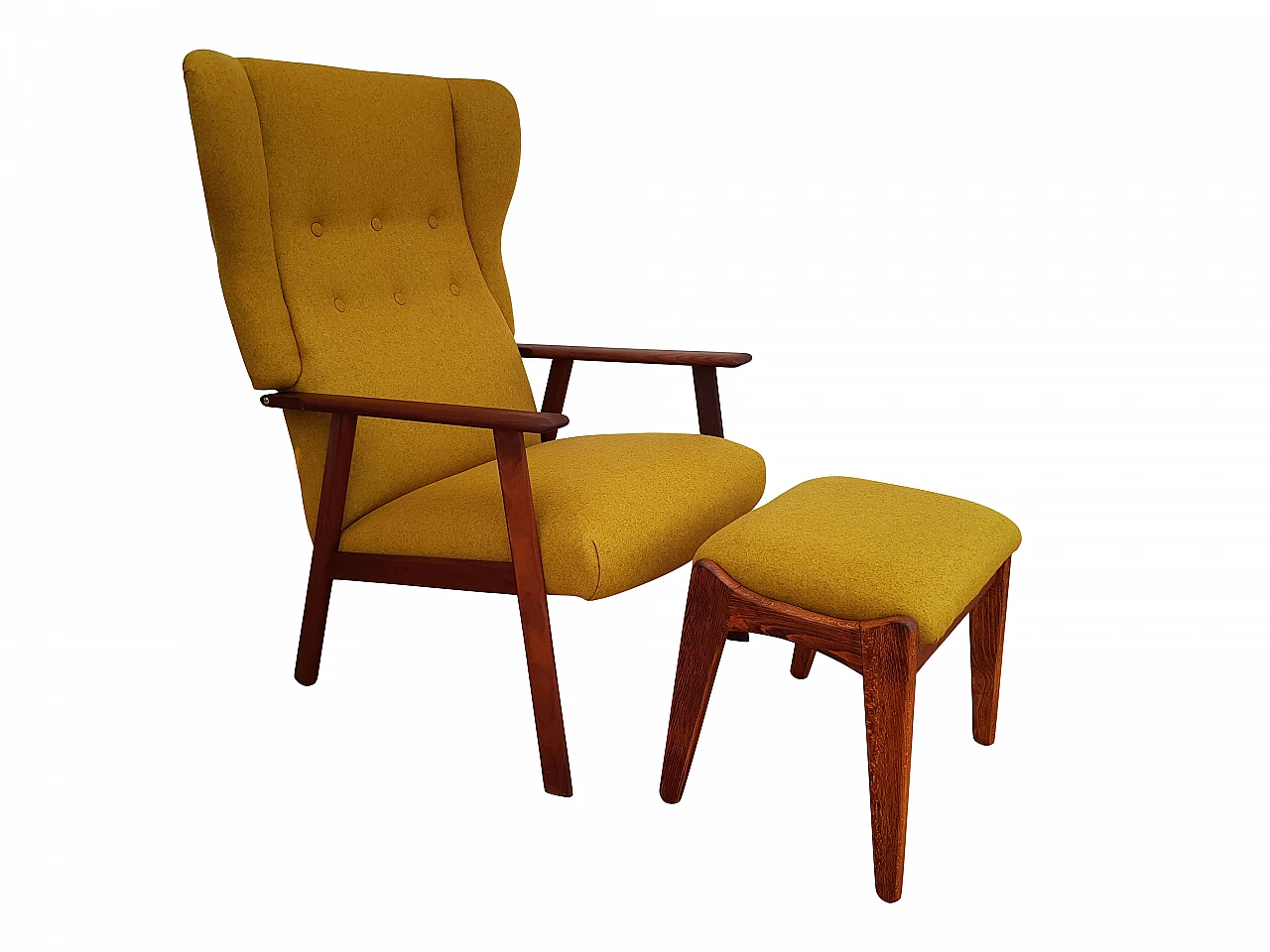 Danish designed high-back armchair, footstool, wool fabric, teak wood, 70's 1065336