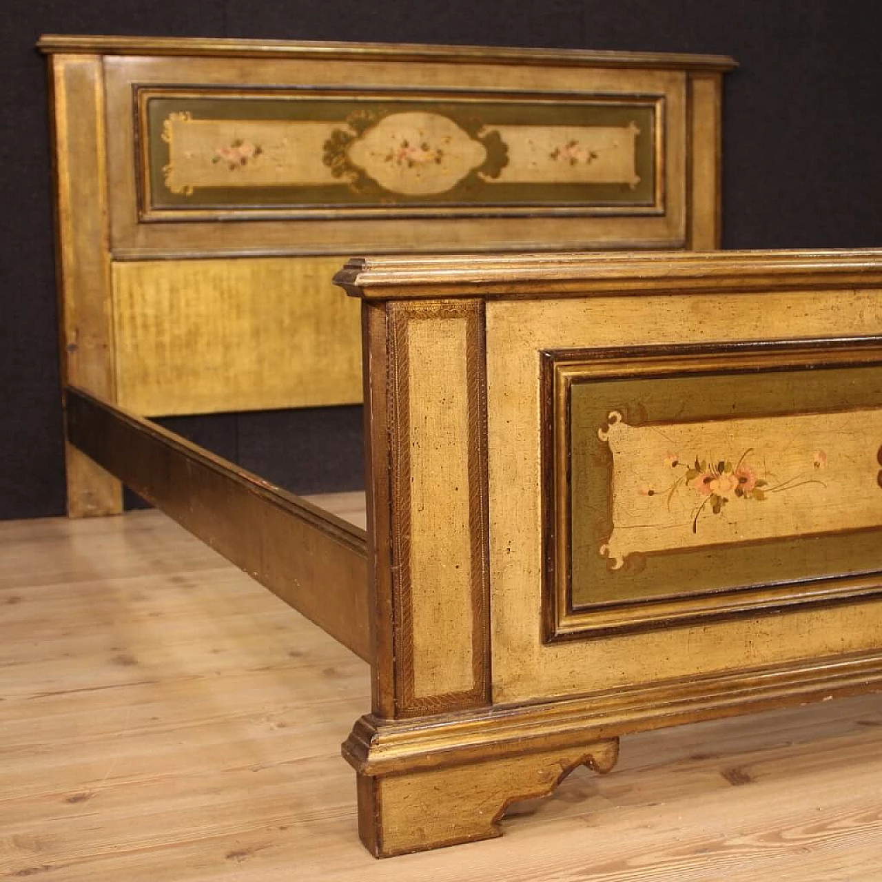 Lacquered, gilded and painted Italian double bed 1065682