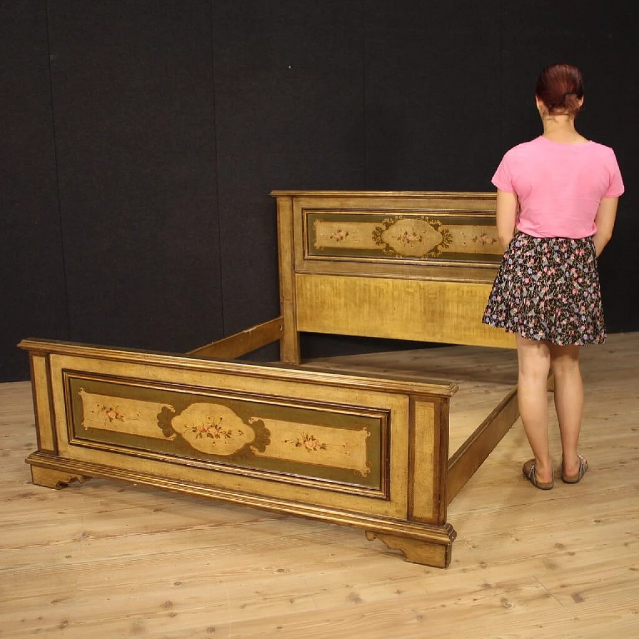 Lacquered, gilded and painted Italian double bed 1065692