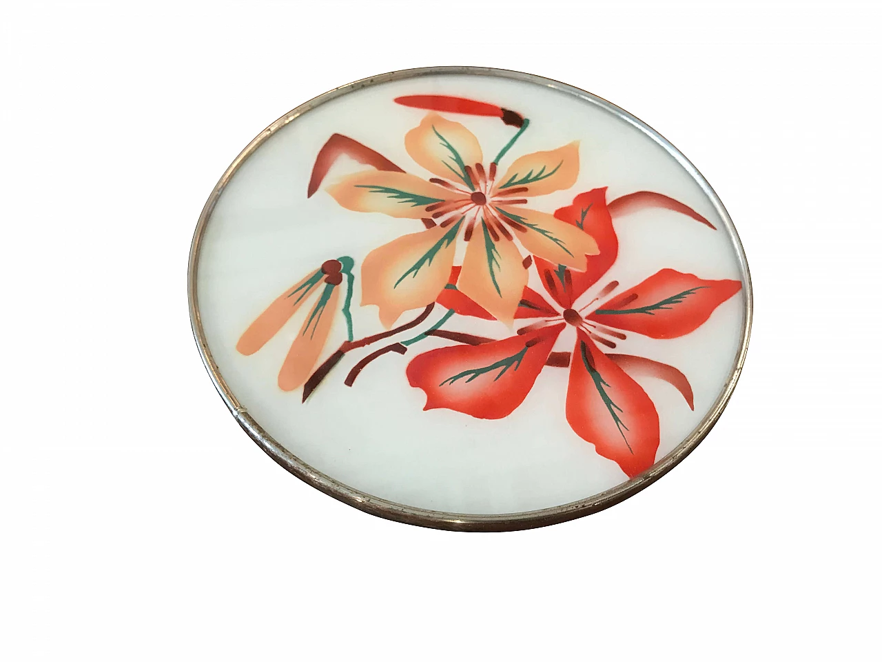 Liberty round turning floral tray with glass and ceramic top with flowers, 40s 1065785