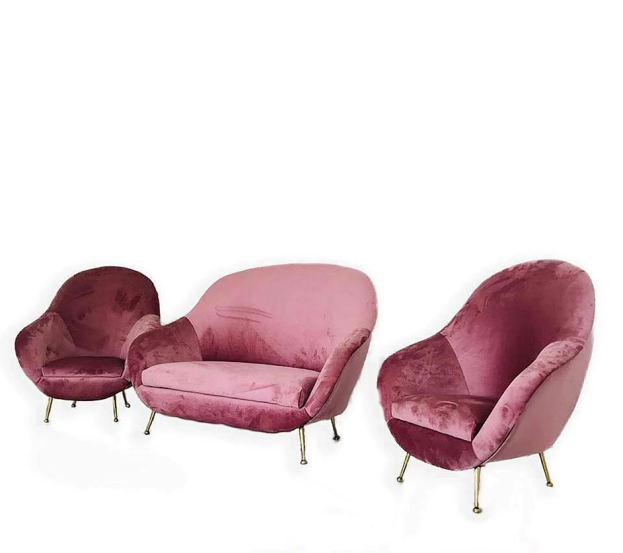 Living room set with sofa and 2 armchairs Federico Munari in pink velvet, Italy, 50s 1065933