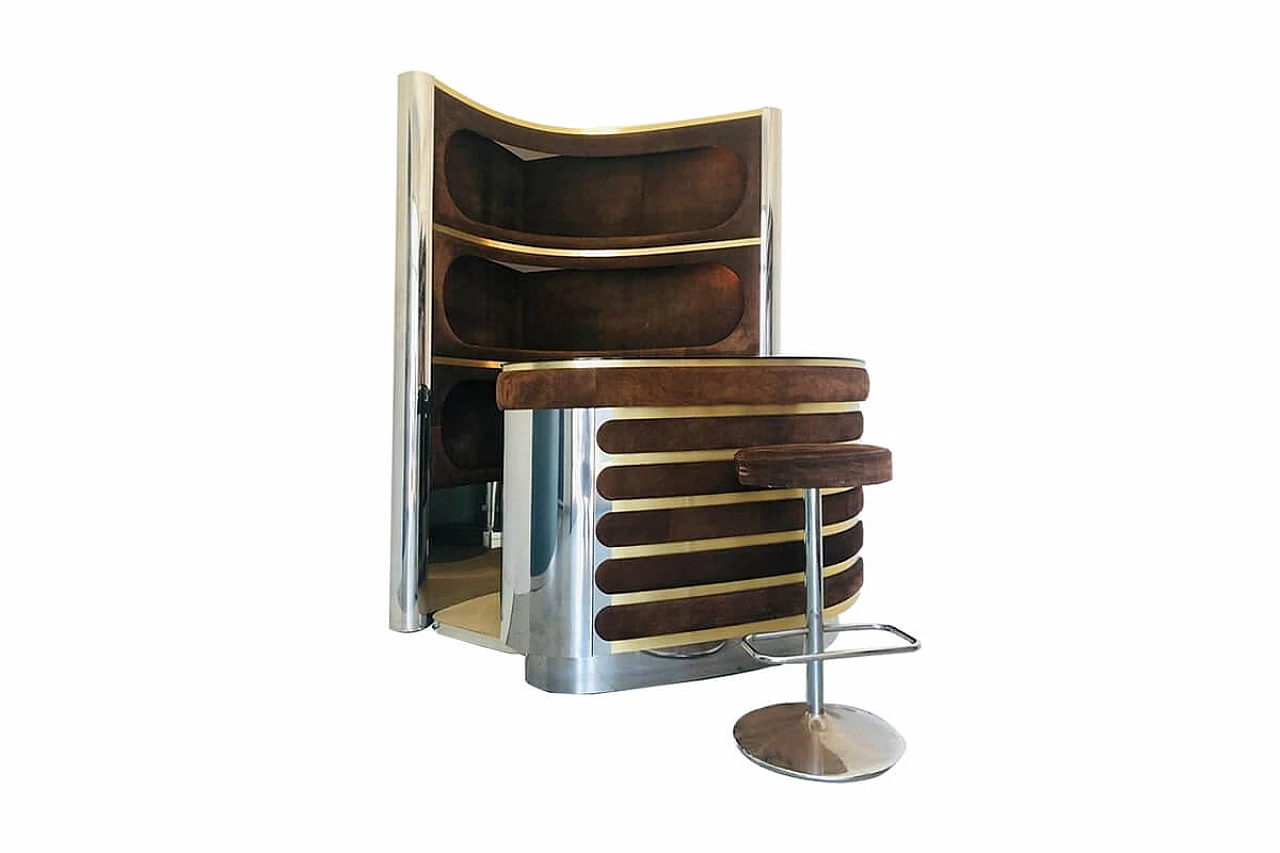 Mobile bar di Willy Rizzo con scaffale, bancone e sgabello in metallo e ottone, anni '60 1065999