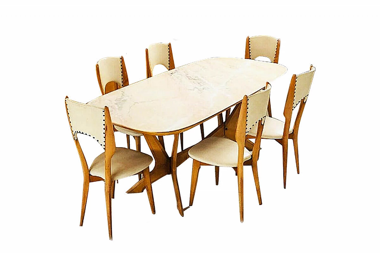 Set disegnato da Osvaldo Borsani con tavolo con piano in marmo e 6 sedie bianche, Italia, anni '50 1066000