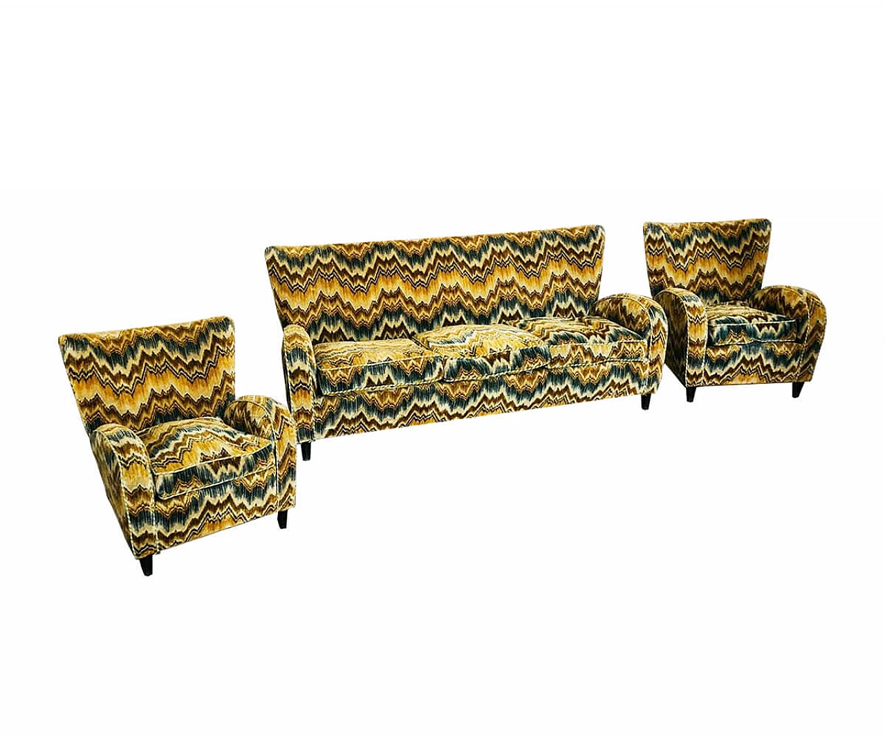Set da salotto di Paolo Buffa con divano e 2 poltrone rivestiti in tessuto Ottavio Missoni, Italia, anni '50 1066004