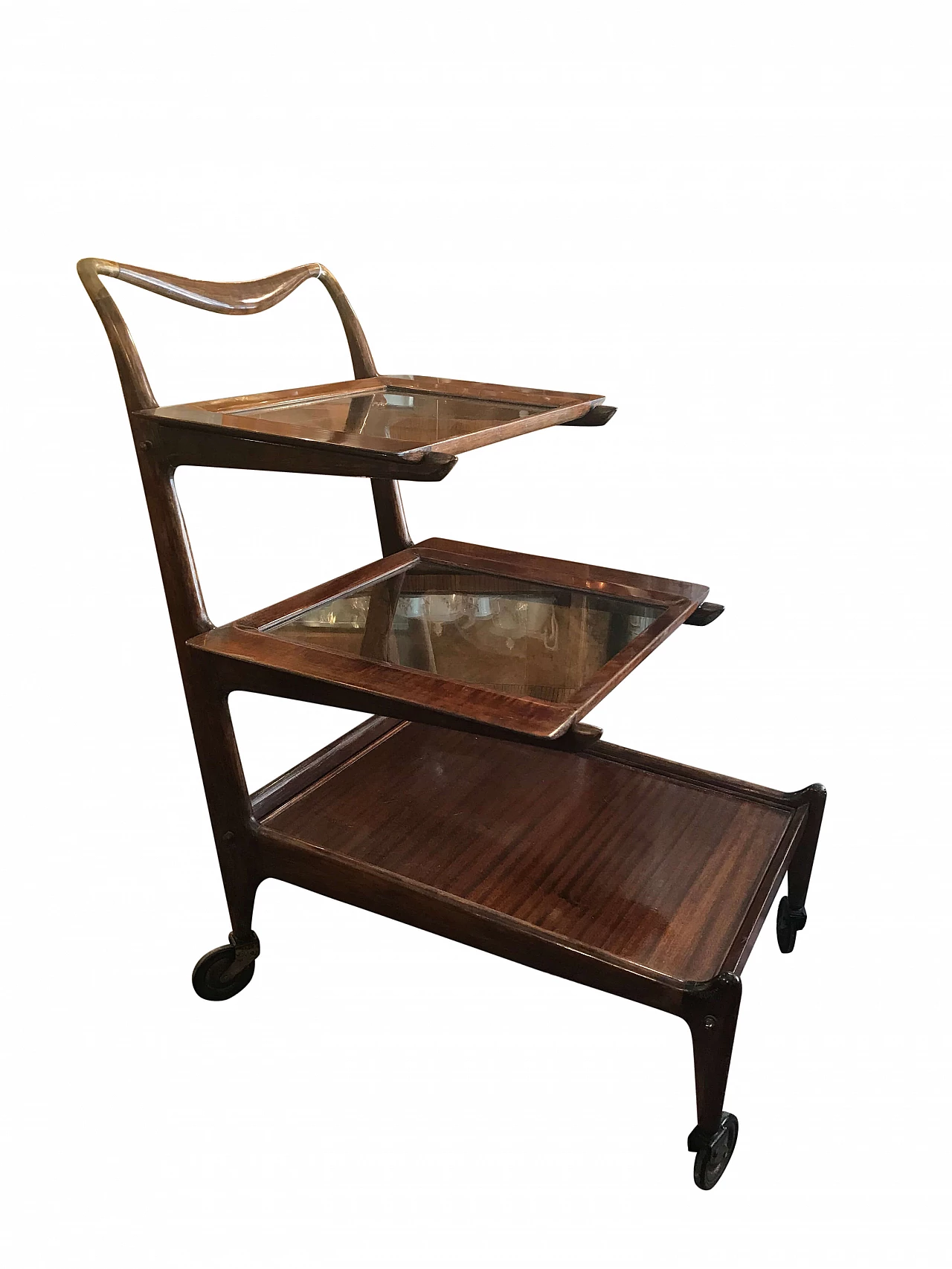 Three tier dining trolley in mahogany and glass, Italy, 50s 1066072