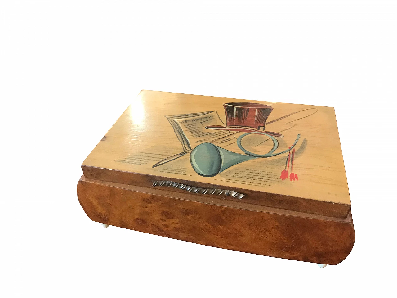 Hand painted box with carillon in briar wood, anni '40 1066113