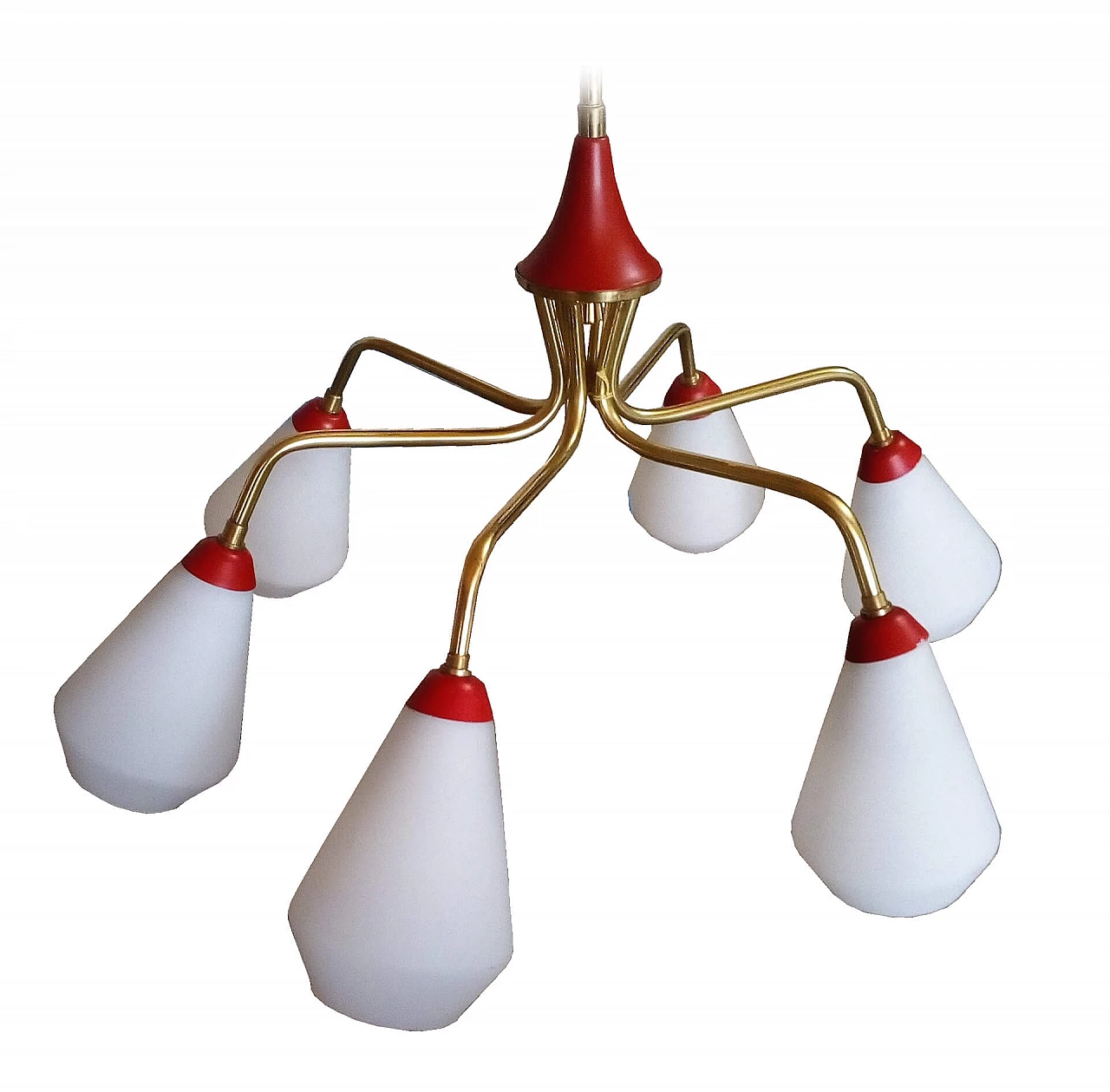 Lampadario in vetro e ottone, a 6 luci, anni '50 genere Stilnovo. 1066143