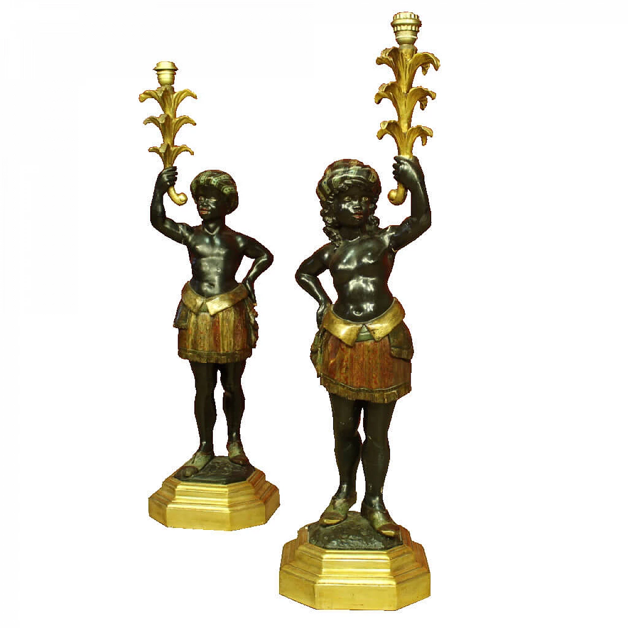 Coppia di sculture veneziane laccate e dorate Mori porta candela 1066156