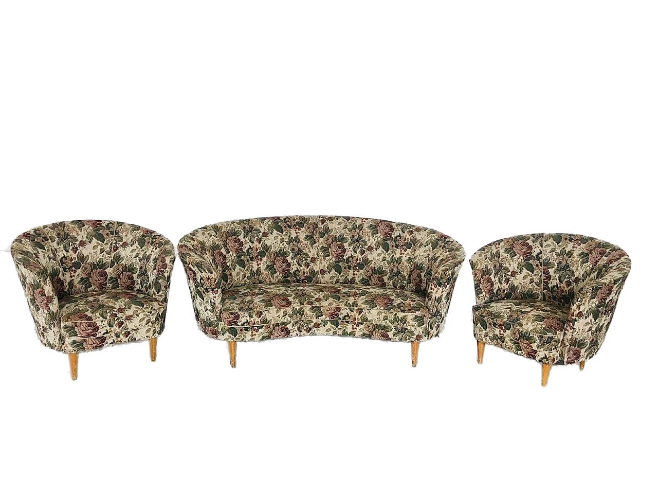 Set divano con due poltrone, stile Paolo Buffa, anni '60 1066239