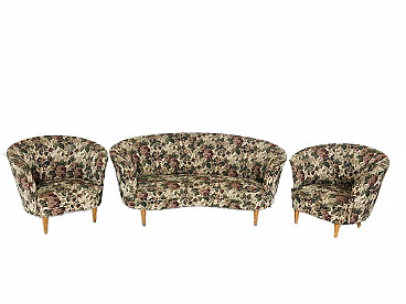 Set divano con due poltrone, stile Paolo Buffa, anni '60