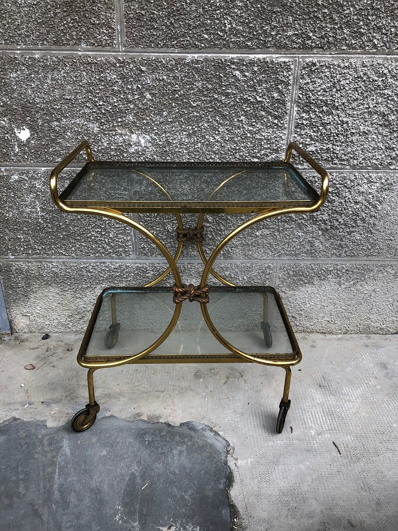 Brass and glass trolley, rope details, 1950s 3
