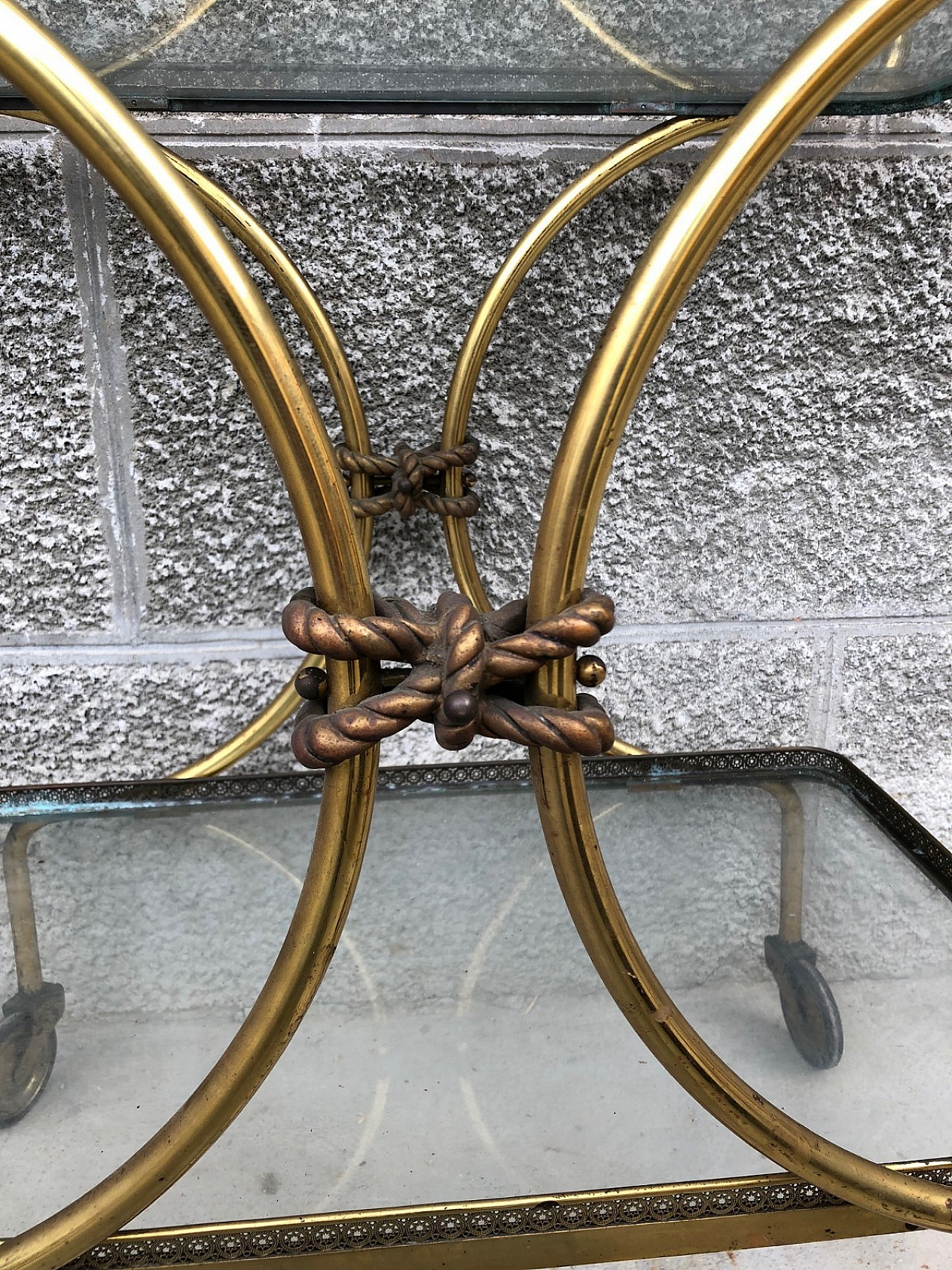 Brass and glass trolley, rope details, 1950s 4
