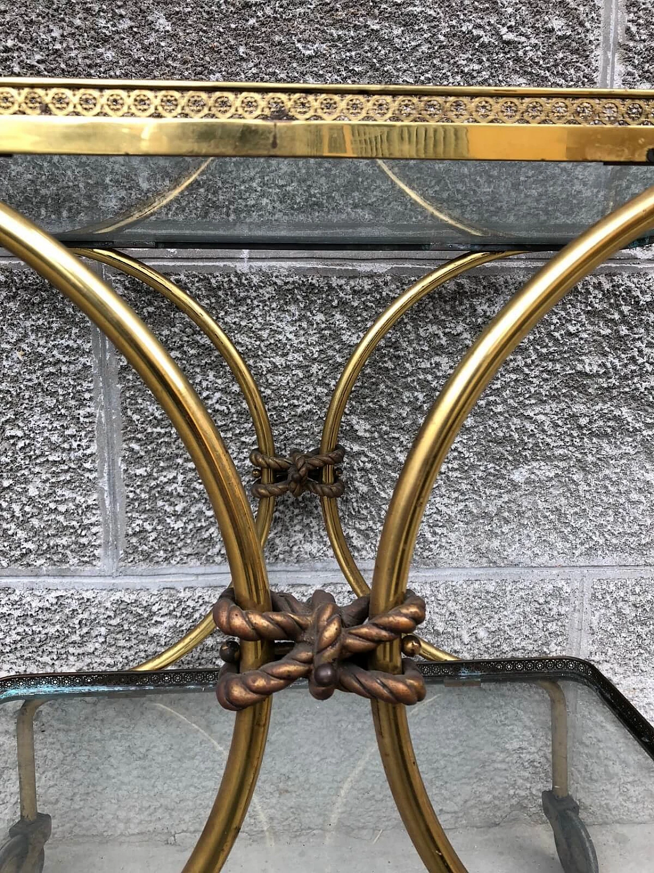 Brass and glass trolley, rope details, 1950s 5