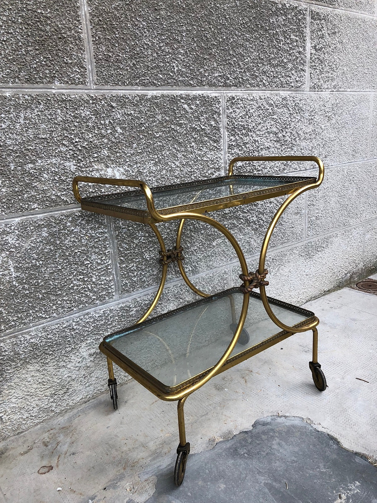 Brass and glass trolley, rope details, 1950s 6