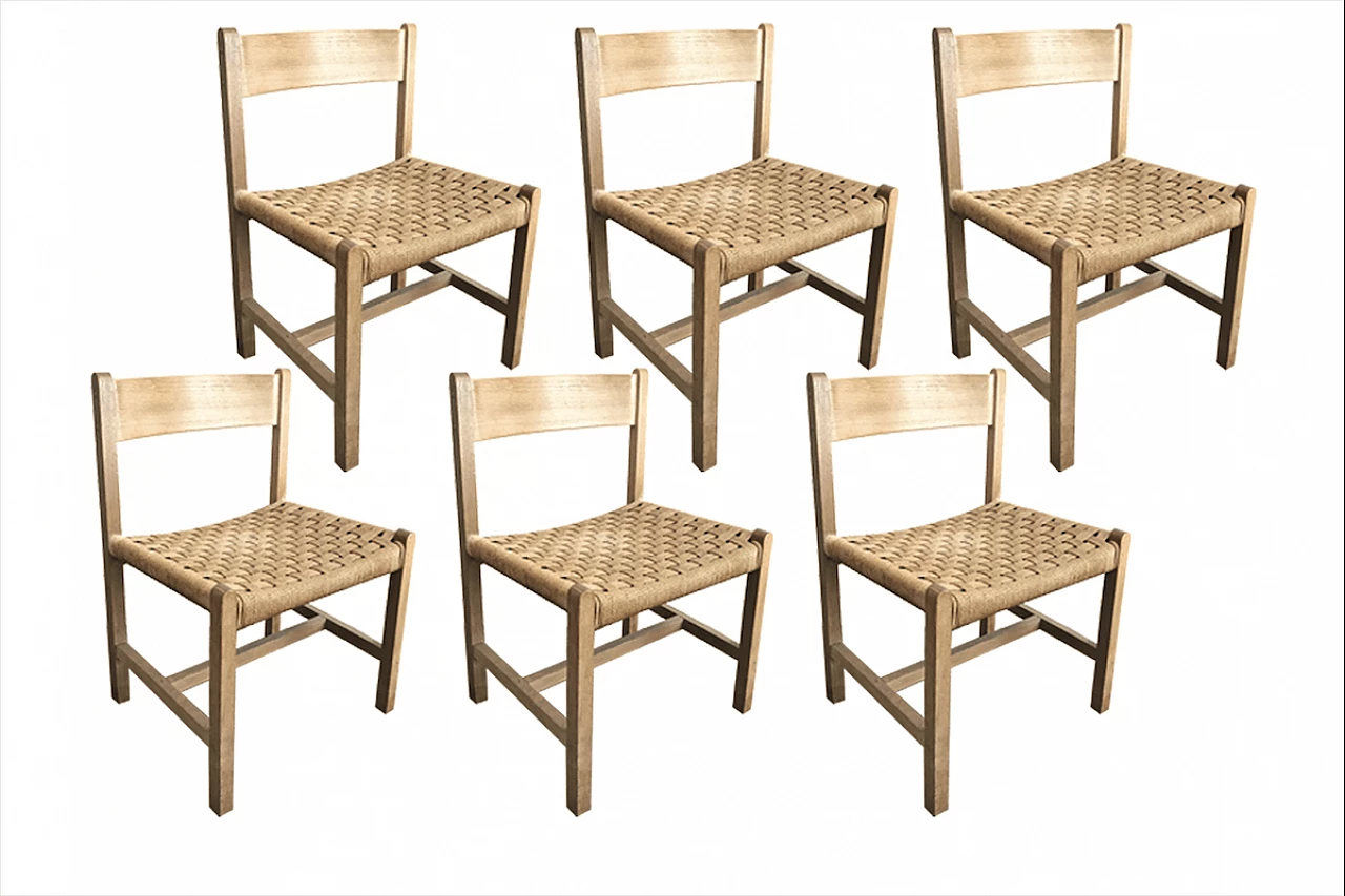 Six Danish chairs in oak and rope, 50s 1