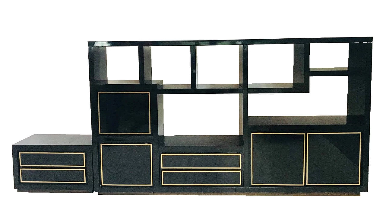 Living room furniture, black lacquered wood, 80's 1066785