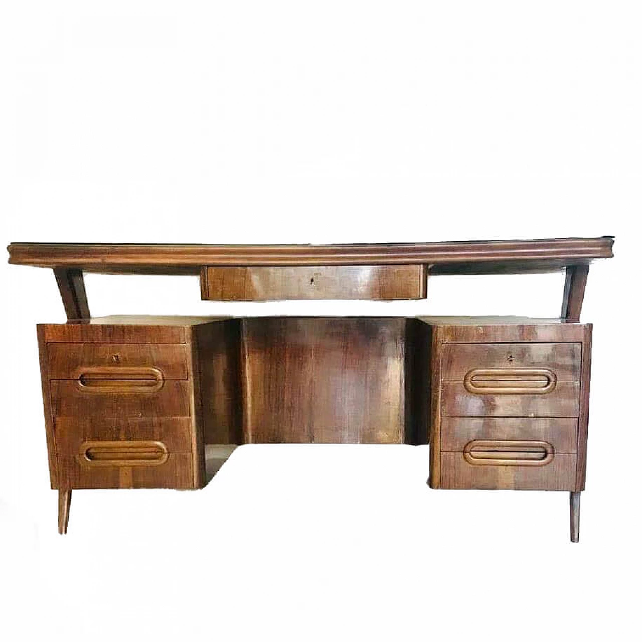 Scrivania in legno con cassetti e piano in vetro, anni '60 1067018