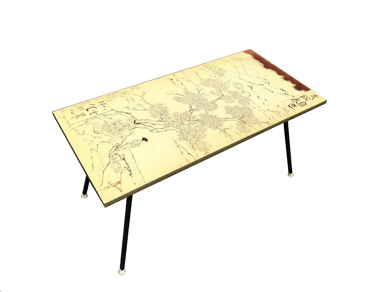 Japanese style coffee table with lacquered and painted top, 50s 1