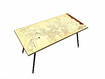 Japanese style coffee table with lacquered and painted top, 50s