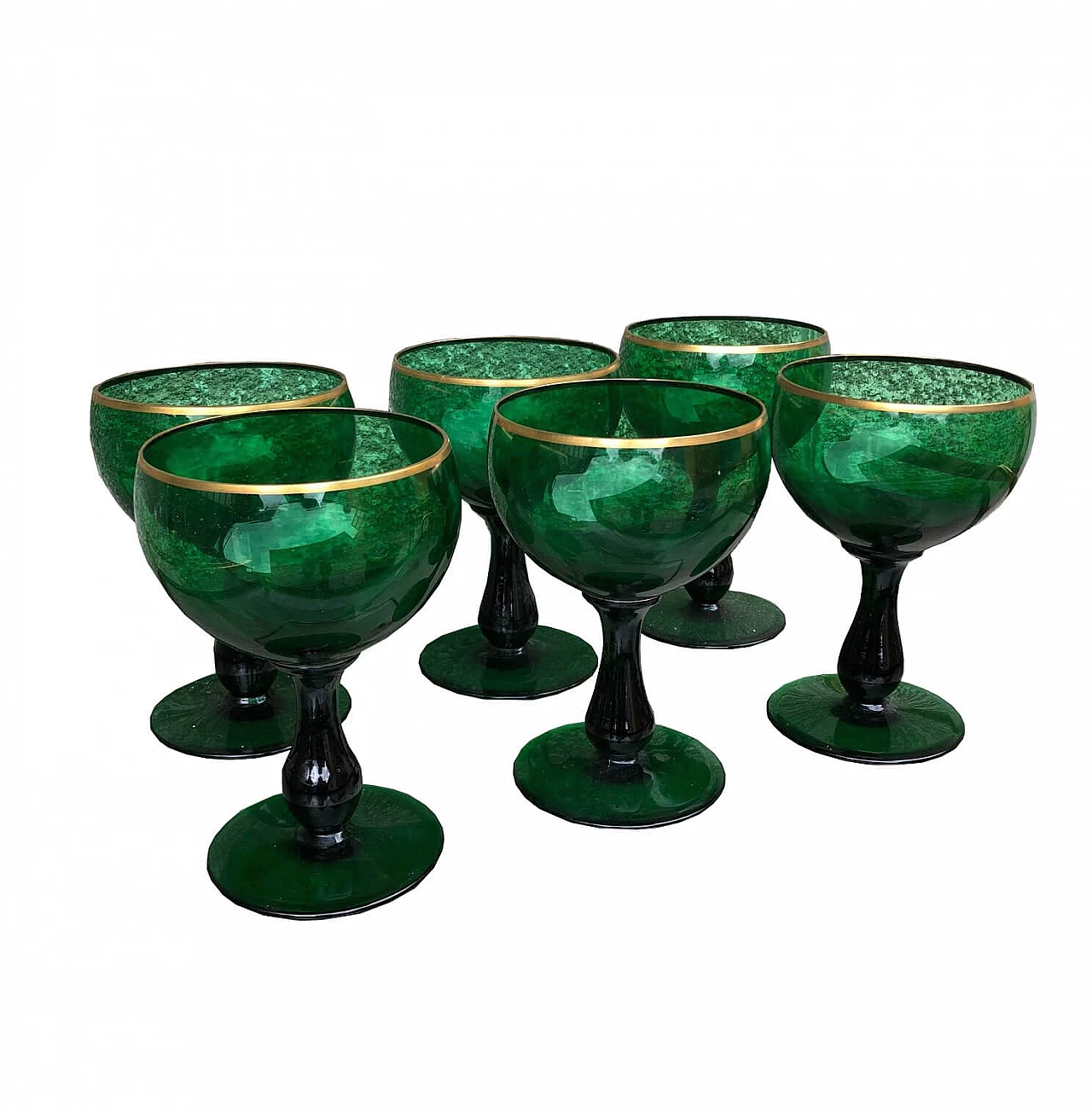6 Green crystal cups with golden edging, '60s 1