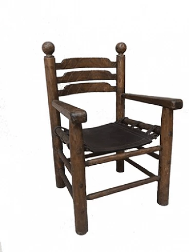 Poltrona cuoio e legno massiccio , anni '60
