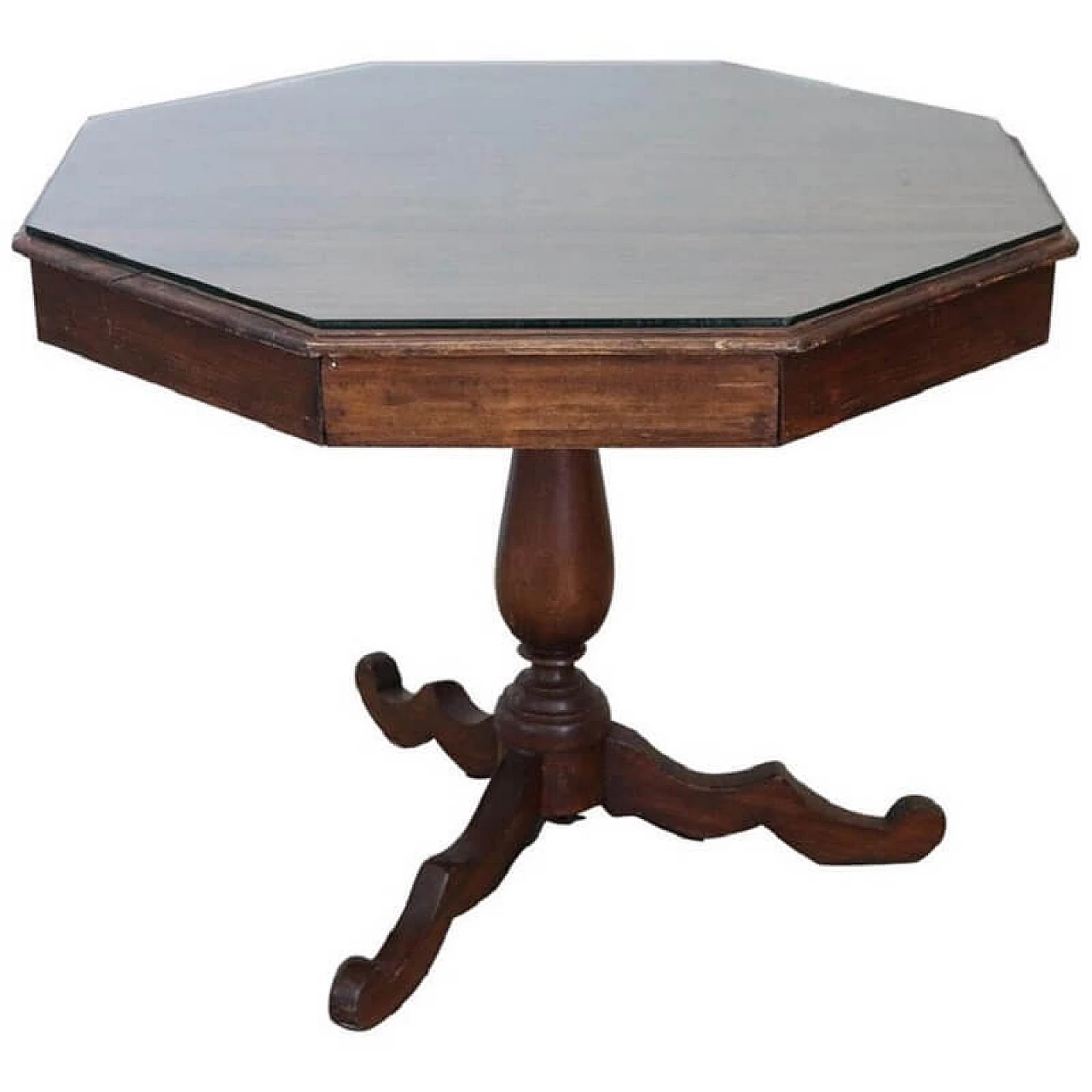 Tavolo antico esagonale in pioppo con piano in vetro, secolo XIX 1068296