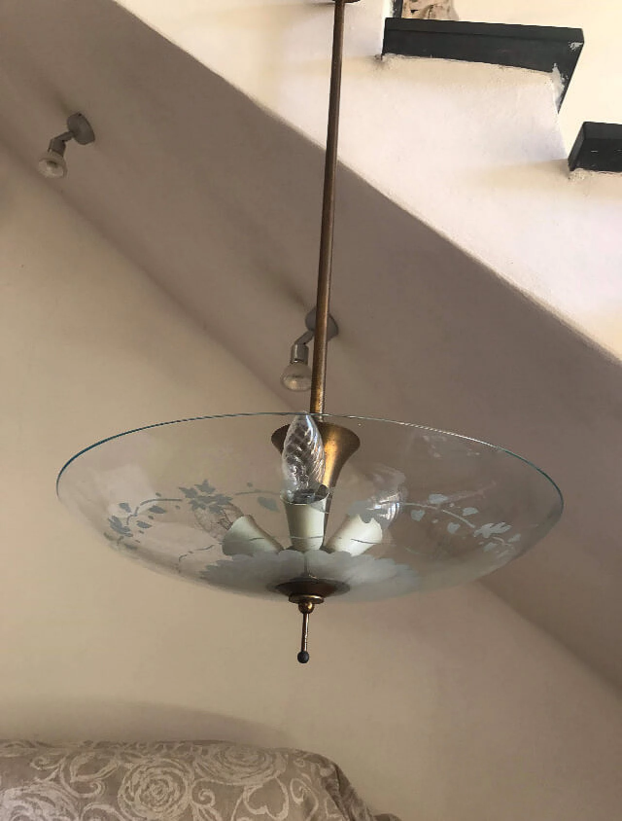 Brass chandelier, with engraved glass, 3 lights 1068455