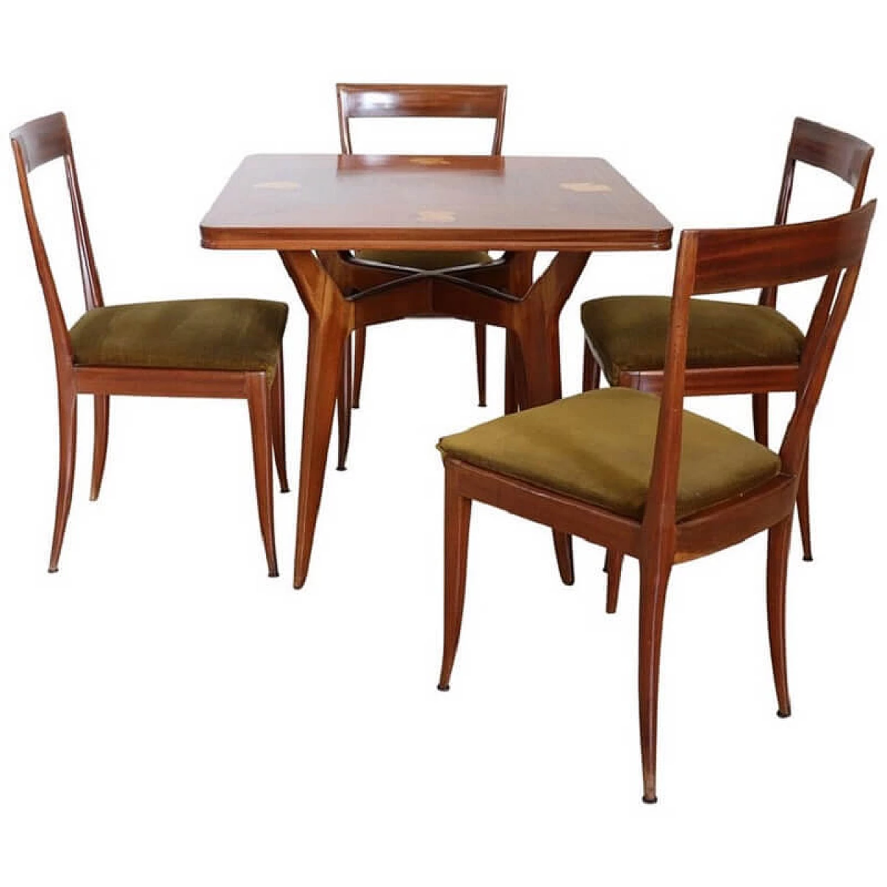 Tavolo in mogano intarsiato e 4 sedie, manifattura Italiana, anni '40 1068600