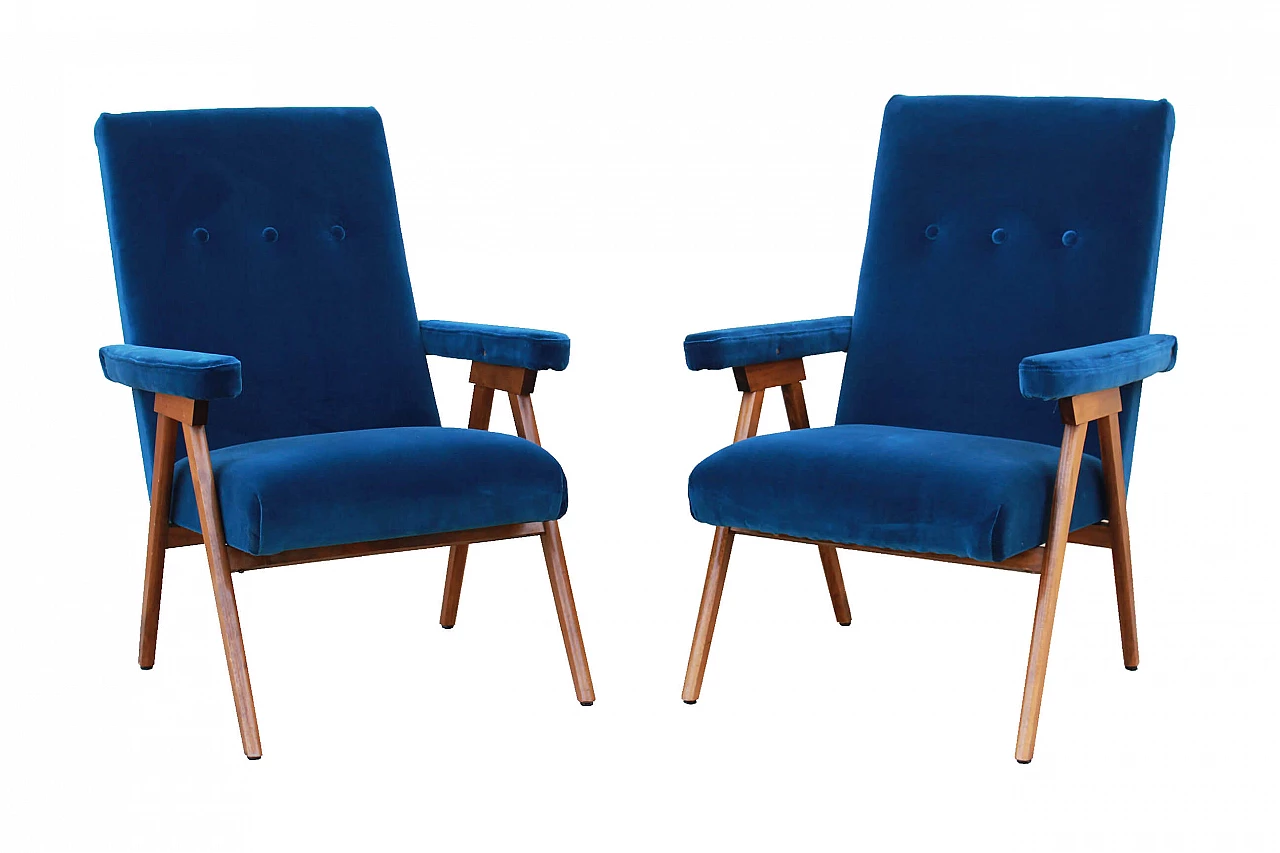 Pair of reclining armchairs, blue velvet lined, '60s 1069344