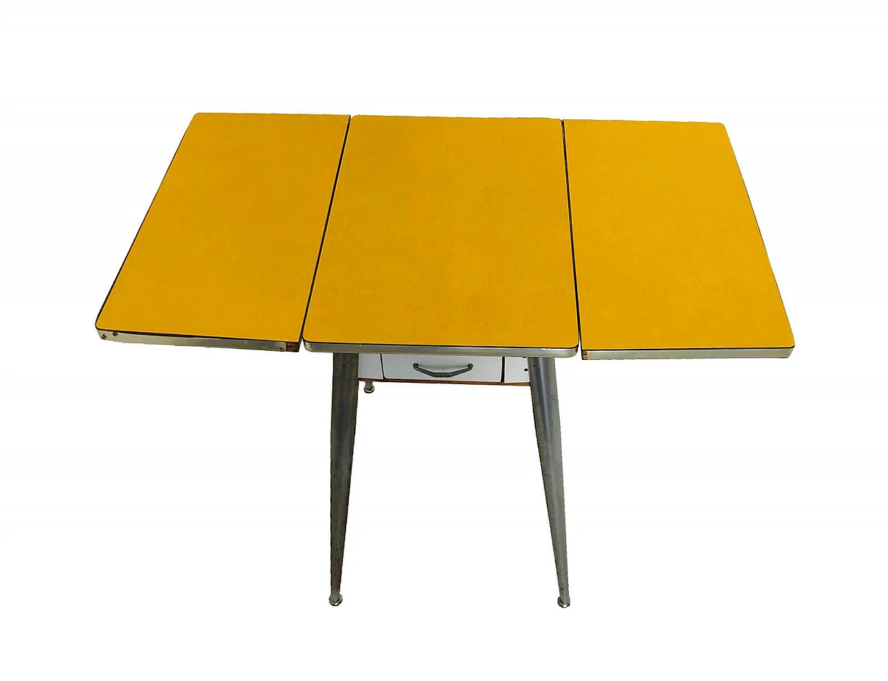 Tavolo con piano in fòrmica giallo, apribile, anni '60 1070000